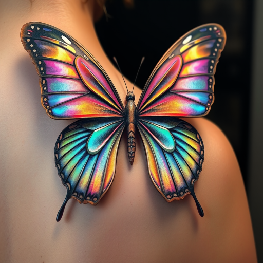 Hyper-realistic 3D butterfly tattoo with wings that appear to lift off the skin, showcasing iridescent colors and delicate textures, placed on the shoulder blade for a stunning visual effect
