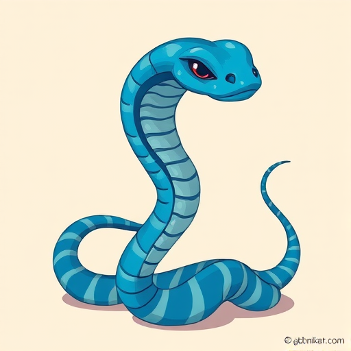 Create a vibrant and stylized illustration of a blue serpent-like creature with wavy stripes, captured in high resolution, using a Canon EOS R5, aperture f/2.8, ISO 100, with a 50mm lens, in a well-lit environment to enhance the colors and details.