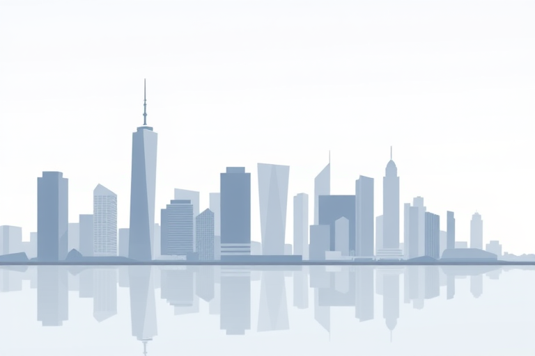 Create a digital illustration of a city skyline with a minimalist, vector art style, showcasing various building shapes in muted colors, with a calm water foreground under a clear sky, using a Canon EOS R5 camera at f/11, ISO 100, and a 50mm lens for crisp details.