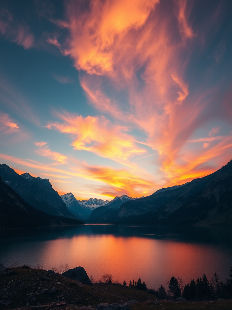 Generate a high-resolution image of a serene landscape featuring a calm lake surrounded by mountains at sunset, with vibrant colors in the sky, captured using a DSLR camera, 24mm lens, f/8 aperture, ISO 100, and a shutter speed of 1/125 sec, in a wide-angle view to enhance depth and detail.