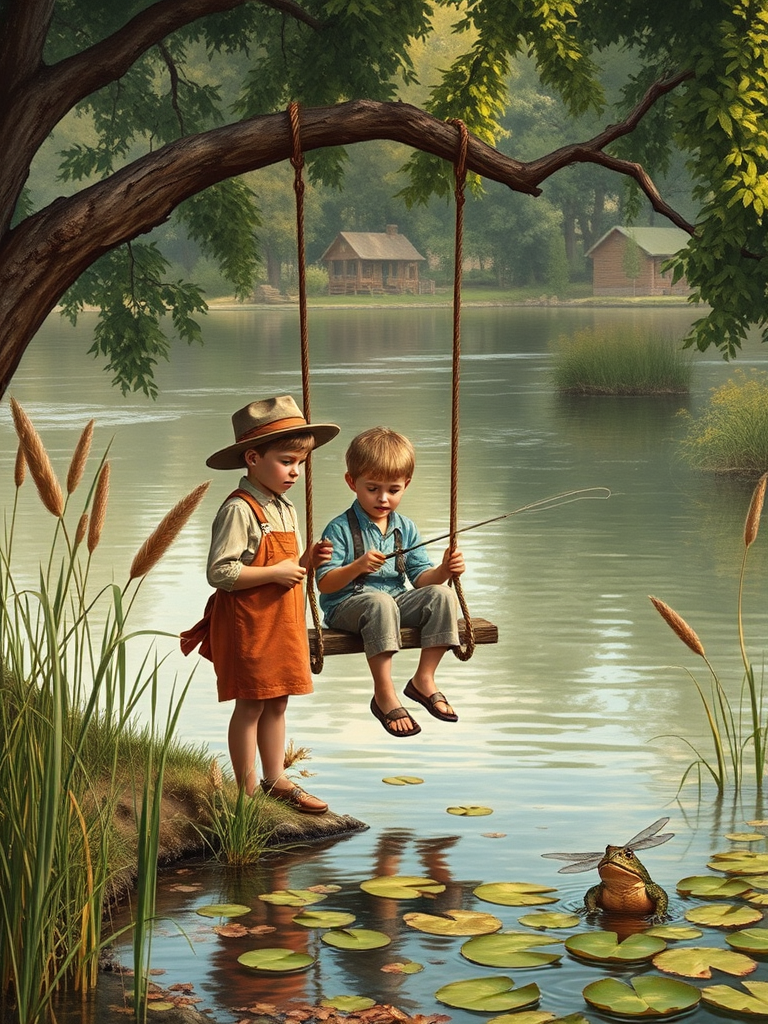 Imagine a small group of old fashioned young boys out fishing by the creek, a swing hanging from a tree branch, reeds and grasses by the water's edge, a frog sitting on a lily pad, dragonflies hovering over som water plans, a very iconic old fashioned scene reminiscent of a Norman Rockwell painting style