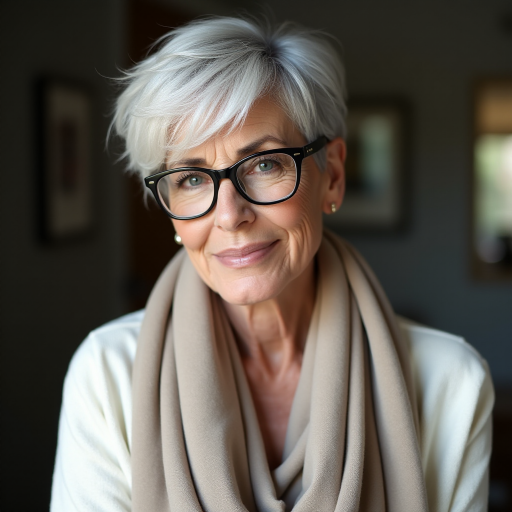 Portrait of a mature woman with short silver hair, styled in an asymmetrical pixie cut with side bangs. She wears black-framed glasses and a beige blouse with a white cardigan over it, as well as a bulky scarf in neutral tones. The woman is indoors with soft lighting and a blur in the background. Her expression is serene and confident, highlighting her elegance and modern style.