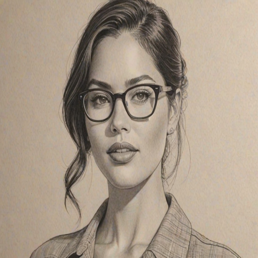Fetching Olivia Munn, pencil sketch, portrait of Enticing woman 1953s in glasses, hair style beatnik, outline, clear lines, fine lines, 8k