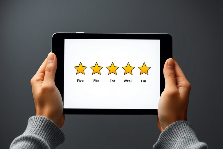 Create a high-resolution vector illustration of hands holding a tablet displaying a five-star rating, focus on a clean modern design, using a Canon EOS R camera with a 50mm lens, aperture set to f/2.8, ISO 100, and soft diffused lighting to enhance clarity and detail.