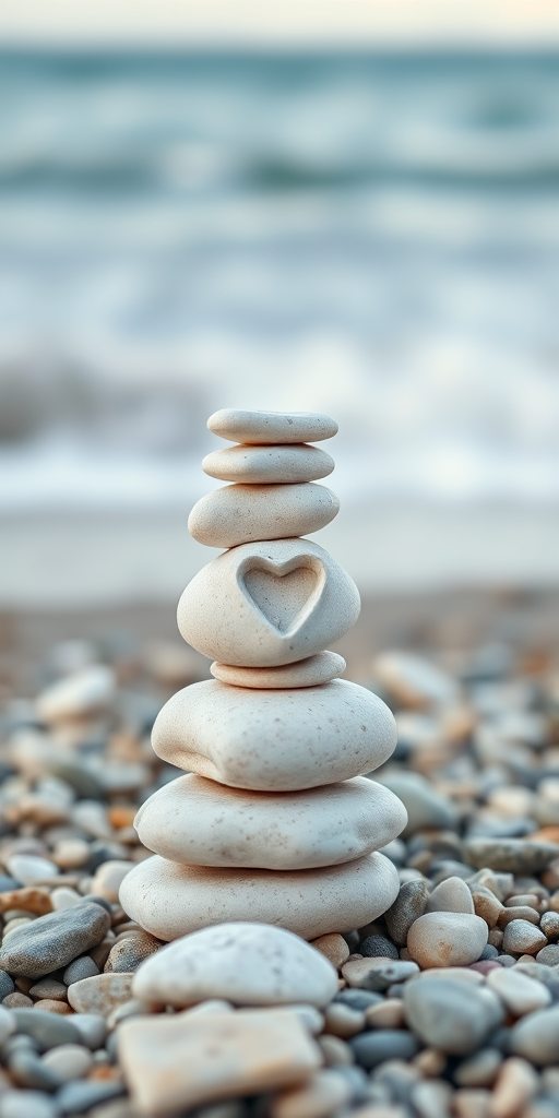 create a high-resolution image of a stack of white stones with a carved heart shape on a beach, in the background the ocean and waves are softly rolling, capture with a DSLR camera, aperture f/4, shutter speed 1/200 sec, ISO 100, portrait mode, focus on the stone stack with a shallow depth of field to blur the background