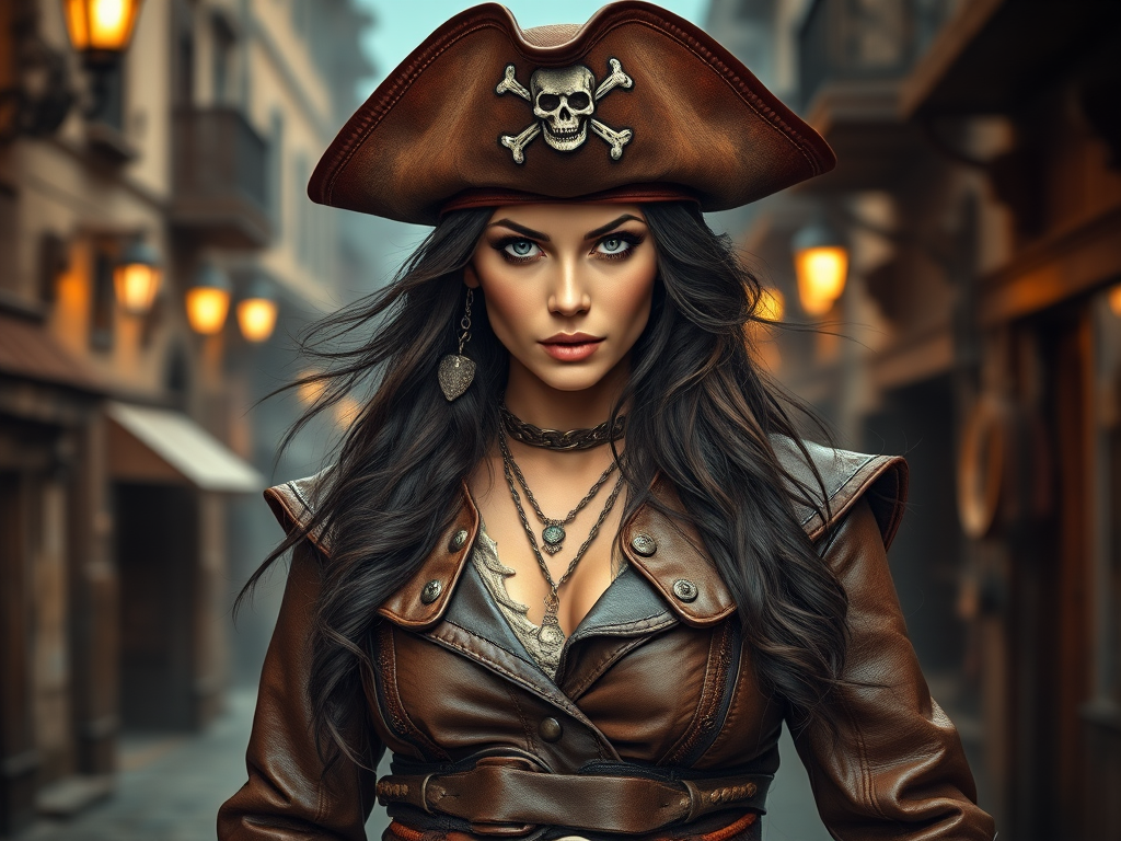Create a portrait of a fierce female pirate. She wears a leather tricorn hat adorned with a skull and crossbones emblem, and her long, dark hair flows around her face. Her outfit consists of a richly detailed leather jacket, a corset, and multiple layers of belts and accessories, giving her a formidable and stylish appearance. She stands confidently in a dimly lit, historic port town, with a backdrop of weathered buildings and cobblestone streets, capturing the adventurous spirit of a pirate.