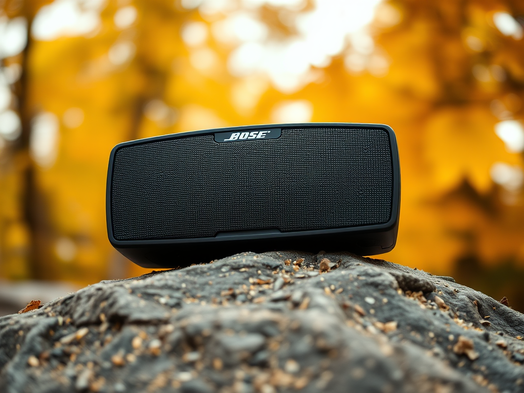 a close-up shot of a Bose speaker resting on a textured rock, with soft bokeh background of golden autumn trees, using a Canon EOS R5, 50mm f/1.8 lens, aperture set to f/2.8, ISO 100, positioned at eye level for a natural perspective, warm color grading for enhanced vibrancy