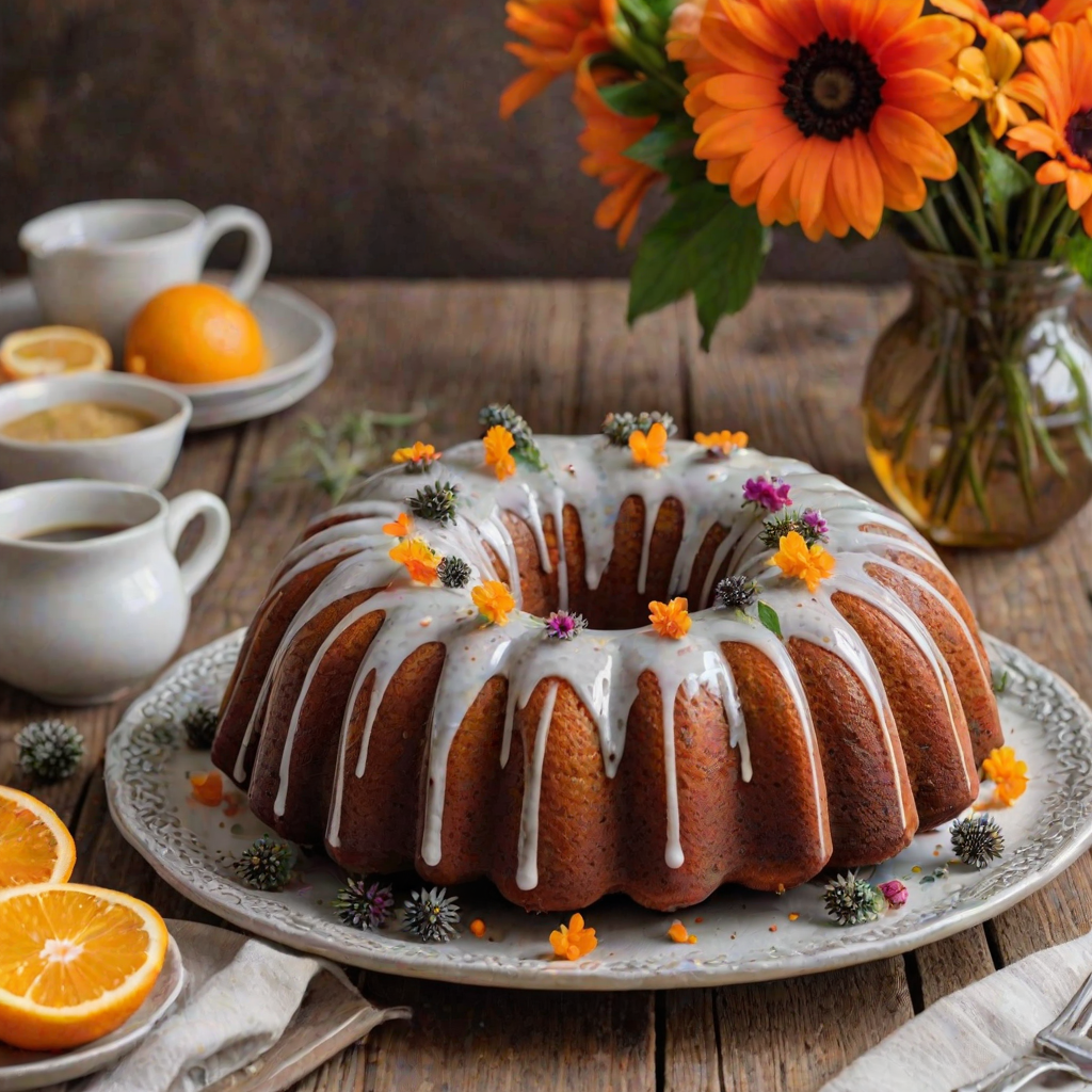 Generate an image of a beautifully glazed bundt cake with a light icing drizzle, garnished with orange zest and served on a decorative plate. Include a small bowl of poppy seeds, a fresh orange, and a bouquet of colorful flowers in the background, all arranged on a rustic wooden table.