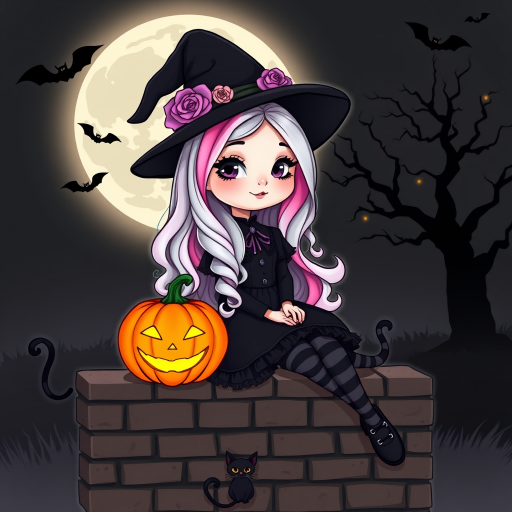 A cute, gothic-style cartoon of a young witch resembling Wednesday Addams sitting on a brick wall under a full moon. She has long wavy hair with silver, pink, and purple ombre highlights, and wears a classic black witch hat decorated with a pumpkin and roses. She is dressed in a black frilly dress with striped stockings and black shoes. A glowing Jack-o'-lantern sits beside her, and a black cat with glowing orange eyes is next to her. The background features a large moon, silhouetted bats, and a spooky tree, with a soft monochrome and slightly glowing effect, creating a magical Halloween atmosphere.