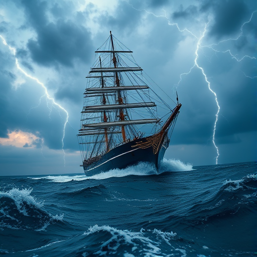 A majestic tall ship battling turbulent seas under a stormy sky with lightning, captured using a DSLR camera with a 24mm lens, f/8 aperture, ISO 100, 1/250s shutter speed, in a dramatic low-angle view to enhance the sense of power and movement.