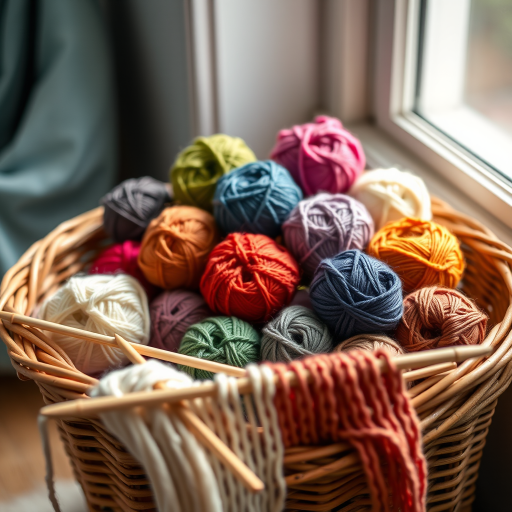 photograph of a neatly arranged pile of colorful yarn balls in a wicker basket with knitting needles and swatches in the foreground, soft natural light from a nearby window, shallow depth of field, focal length 50mm, aperture f/2.8, ISO 100, DSLR camera, soft focus background for a cozy atmosphere