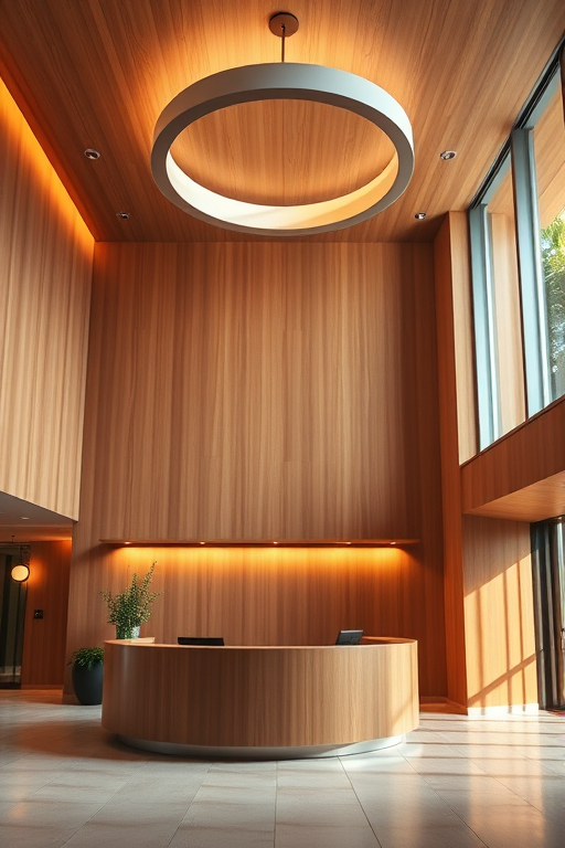 interior of a modern reception area with warm wooden walls and ambient lighting, featuring a circular light fixture above a curved reception desk, soft natural light filtering through glass elements, captured with a Canon EOS R5, 24mm lens, f/2.8 aperture, ISO 200, 1/60 second shutter speed, soft focus aesthetic for a calming effect