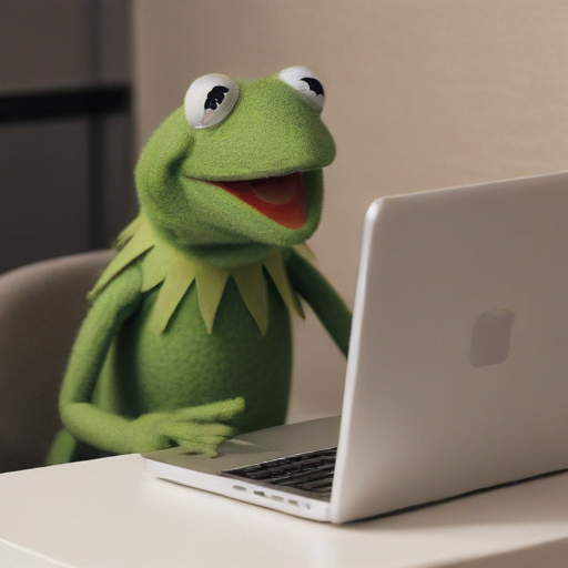 Kermit the frog programming a computer script