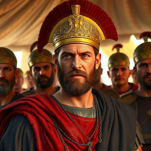 highly detailed digital painting of a Roman general surrounded by advisors in a tent, natural lighting, 50mm lens, f/1.8 aperture, focus on the general's face with shallow depth of field, shot with a full-frame DSLR camera, high resolution, realistic textures and colors, historical attire and accessories detailed