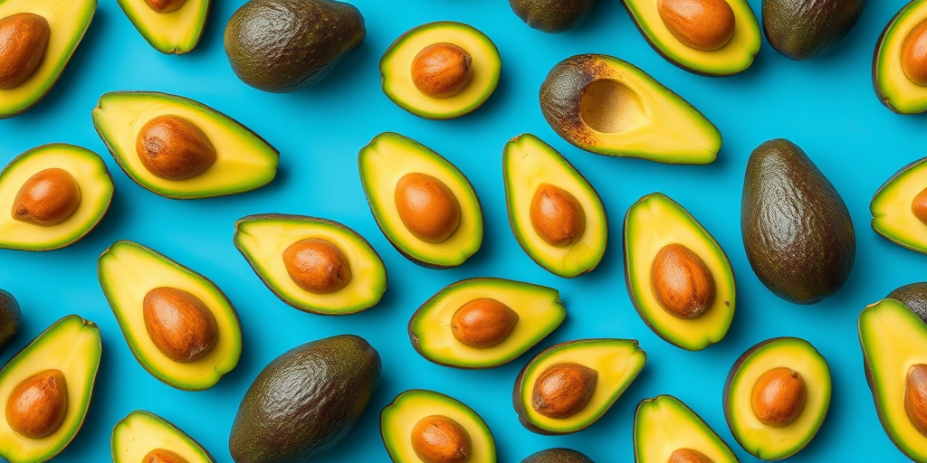 create a seamless pattern of avocados with a bright blue background, high-resolution, aperture f/8, ISO 100, 35mm lens, top-down view, digital art style, sharp focus