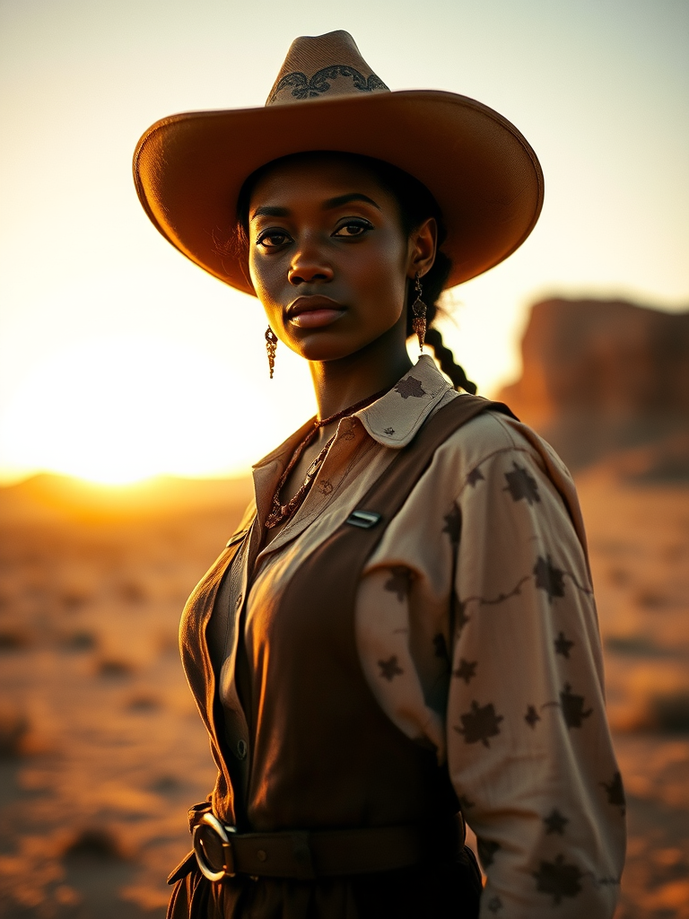 Dramatic photo of a beautiful Fijian woman, classic cowboy attire, confident and free spirit expression, half-length portrait, centered, golden hour desert landscape, warm, diffused light, low angle, medium format film camera, in style of Annie Leibovitz.