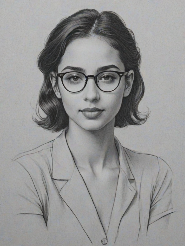 Captivating Naomi Scott, pencil sketch, portrait of Captivating woman 1938s in glasses, hair style beatnik, outline, clear lines, fine lines, 8k