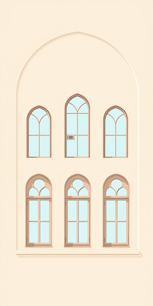 Vintage illustration of five arched windows in a minimalist style, high-resolution, shot with a DSLR camera at f/8 aperture, ISO 100, natural light, wide-angle lens, focus on window details, clear background.