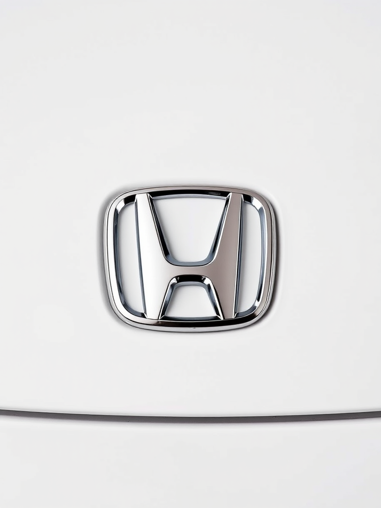 Create a high-resolution image of a metallic Honda logo against a clean white background, using a Canon EOS 5D Mark IV camera, with a 50mm lens at f/1.8, ISO 100, and a shutter speed of 1/200 sec, capturing a sharp, clear view with professional lighting.