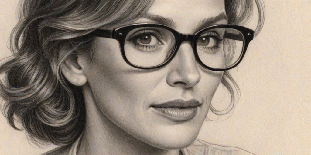 Lovely Julia Roberts, pencil sketch, portrait of Appealing woman 1933s in glasses, hair style beatnik, outline, clear lines, fine lines, 8k