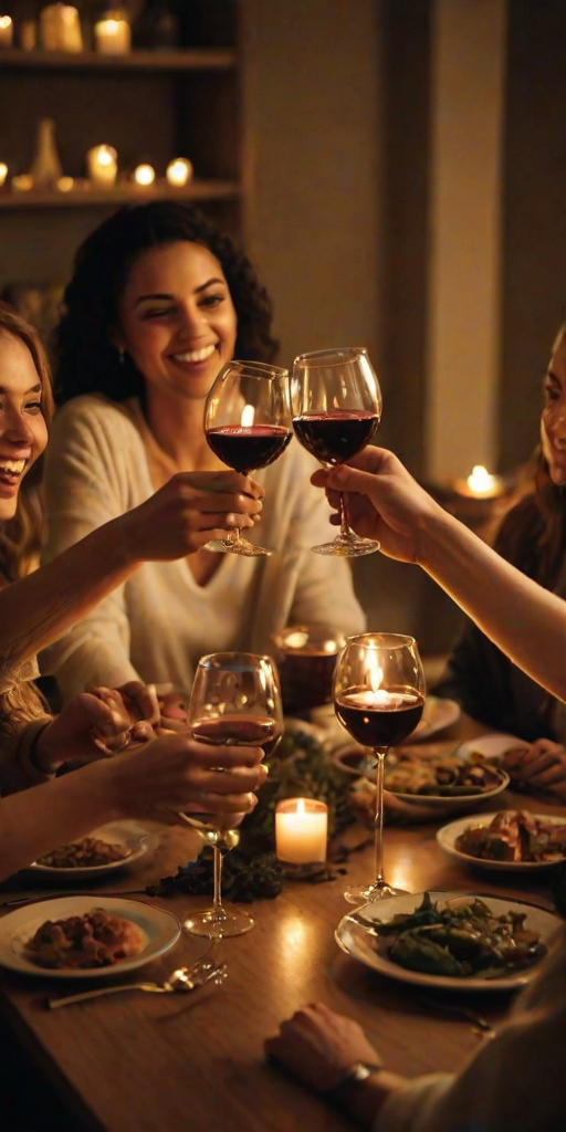 Warmly lit image of a group of friends toasting with wine glasses around a dinner table, soft glow from candles casting warm shadows on their faces, the smell of roasted food and laughter filling the air.