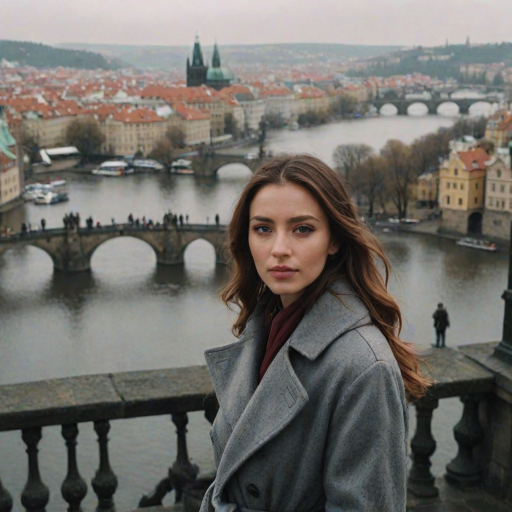 cinematic photo from above, waist up shot, sharp focus, a beautiful woman in foreground, in Prague, at the Charles Bridge, river in background, overcast rainy day, wearing long grey wool coat, warm rich color palette