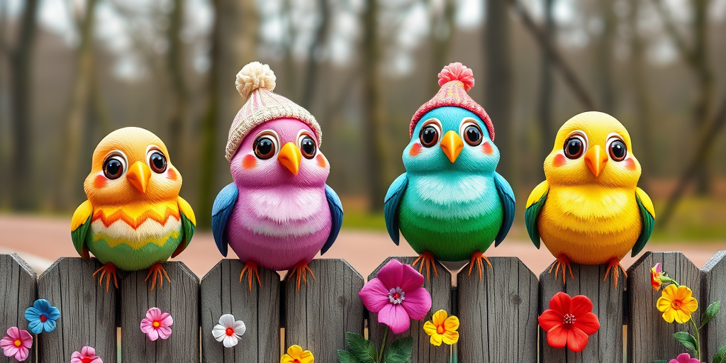 create a scene of 4 quirky  whimsical colourful comical birds each with a funny expression. they are sat on a wooden fence with colourful flowers. they are all different sizes. each one is a different colour  one is wearing a woolly hat. Each one has a different quirky google expression and there is a muted background of trees watercolour paintierly style high definition 8k resolution 3D paper mache