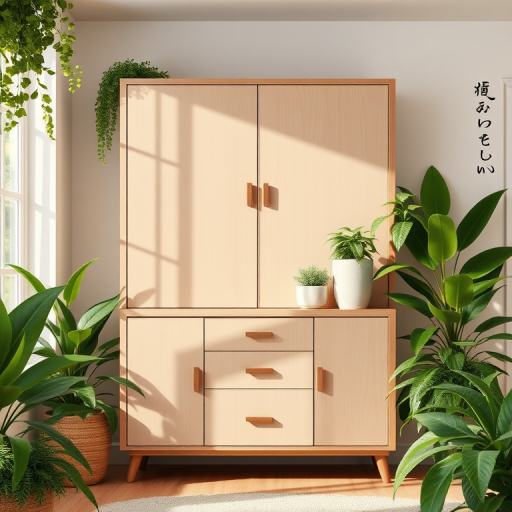 a cozy interior scene featuring a modern cabinet with greenery around it, soft lighting, digital illustration style, using a high-resolution camera with f/2.8 aperture, 35mm lens, natural light, shot from eye level