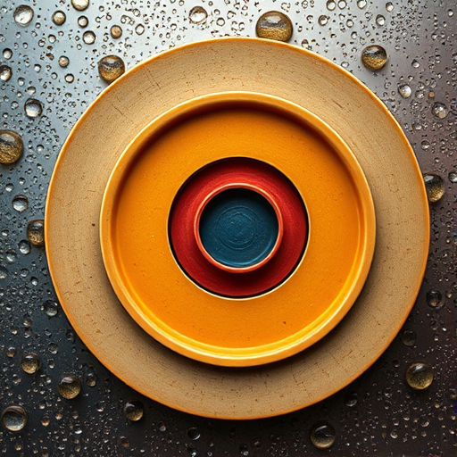 Create an abstract image featuring concentric circles in varying sizes and colors, with a textured background resembling raindrops on a surface; use a DSLR camera with a 50mm lens at f/1.8, ISO 200, and a shutter speed of 1/125 sec, capturing a close-up view with a shallow depth of field for enhanced clarity and detail.