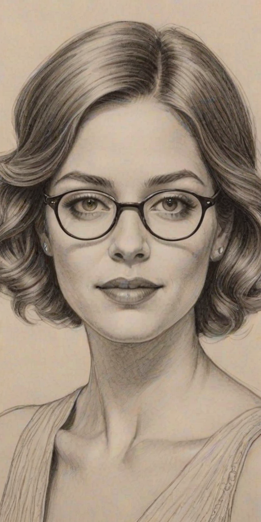Sublime Julie Gonzalo, pencil sketch, portrait of Resplendent woman 1925s in glasses, hair style beatnik, outline, clear lines, fine lines, 8k