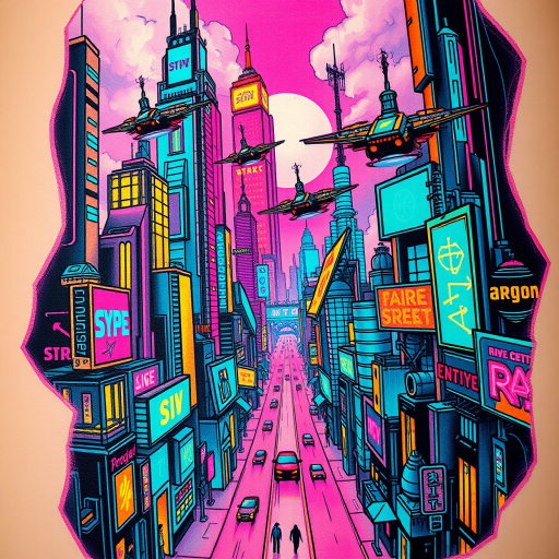 Cyberpunk cityscape tattoo depicting a futuristic metropolis with neon lights, holographic advertisements, and flying vehicles, rendered in a vibrant color palette with glowing effects