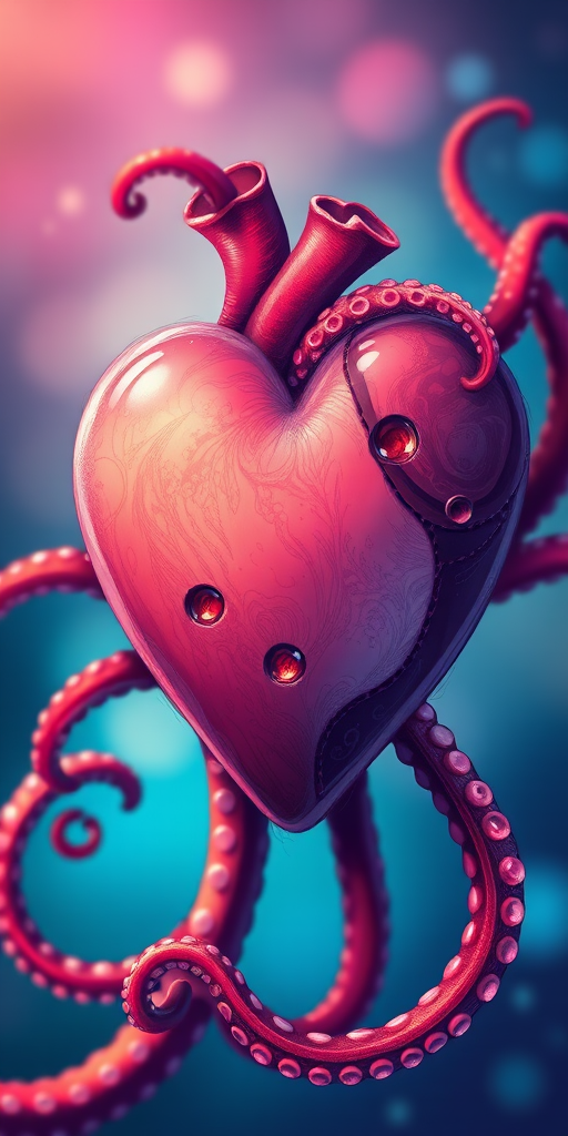 Create a colorful illustration of a heart with octopus tentacles wrapped around it, using a vibrant color palette with shades of red, blue, and purple, captured in high resolution with a Canon EOS R5, 50mm lens, f/1.8 aperture, ISO 100, and soft focus lighting for a whimsical effect.