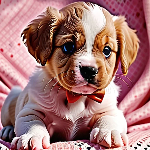 Adorable Puppy with a Bow Tie Sitting on a Cozy Blanket
