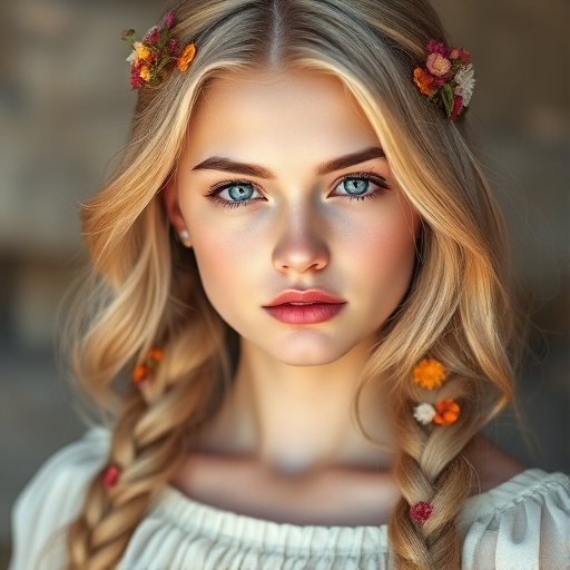 Create an image of a young Kyrgyz woman with long, wavy blonde hair, adorned with small, colorful flowers woven into her braids and loose strands. Her complexion is fair, with soft, glowing skin, and she has light blue eyes that gaze softly at the viewer. She wears a light, flowing dress with a gentle, ethereal quality, complementing her delicate and serene appearance. The background is slightly blurred, drawing focus to her tranquil expression and the intricate details of the flowers in her hair. The overall mood of the image is one of natural beauty and grace, evoking a sense of peacefulness and connection with nature.