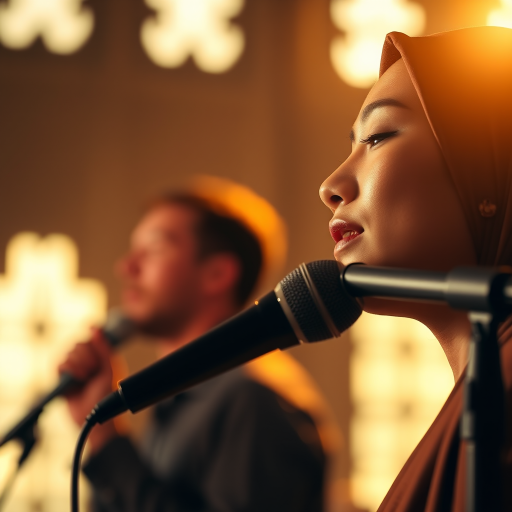 A close-up portrait of a asian woman with her eyes closed, singing into a microphone, positioned on the right side of the frame, facing the viewer. She is wearing a brown headscarf, gold earrings, and a brown blouse, and is bathed in warm, golden light emanating from the windows behind her. A blurred figure of a man singing into a microphone is visible in the background. The scene has a sense of calm and spirituality.