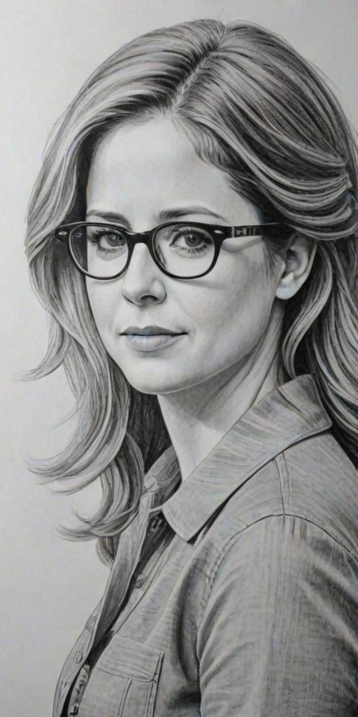 Radiant Jenna Fischer, pencil sketch, portrait of Fetching woman 1967s in glasses, hair style beatnik, outline, clear lines, fine lines, 8k