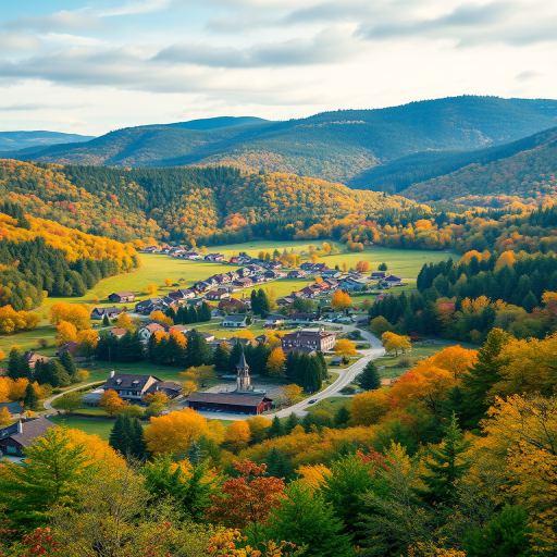 Generate a vibrant landscape of a rural village surrounded by lush green hills and forests during autumn, captured with a DSLR camera using a 24mm lens at f/8, ISO 100, and a shutter speed of 1/200s for a sharp, high-quality image, with a wide-angle perspective.