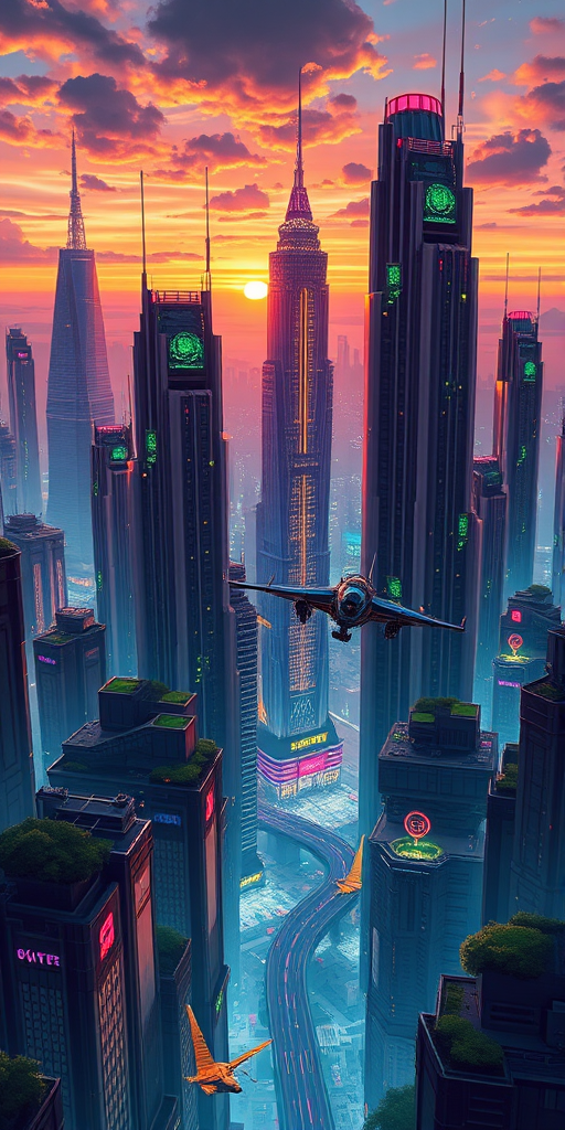 Create a detailed illustration of a futuristic cityscape at sunset, featuring towering skyscrapers with neon lights, flying vehicles, and greenery integrated into the architecture, shot with a DSLR camera at f/2.8, ISO 100, 24mm lens, using a wide-angle perspective for depth and vibrant color enhancement.