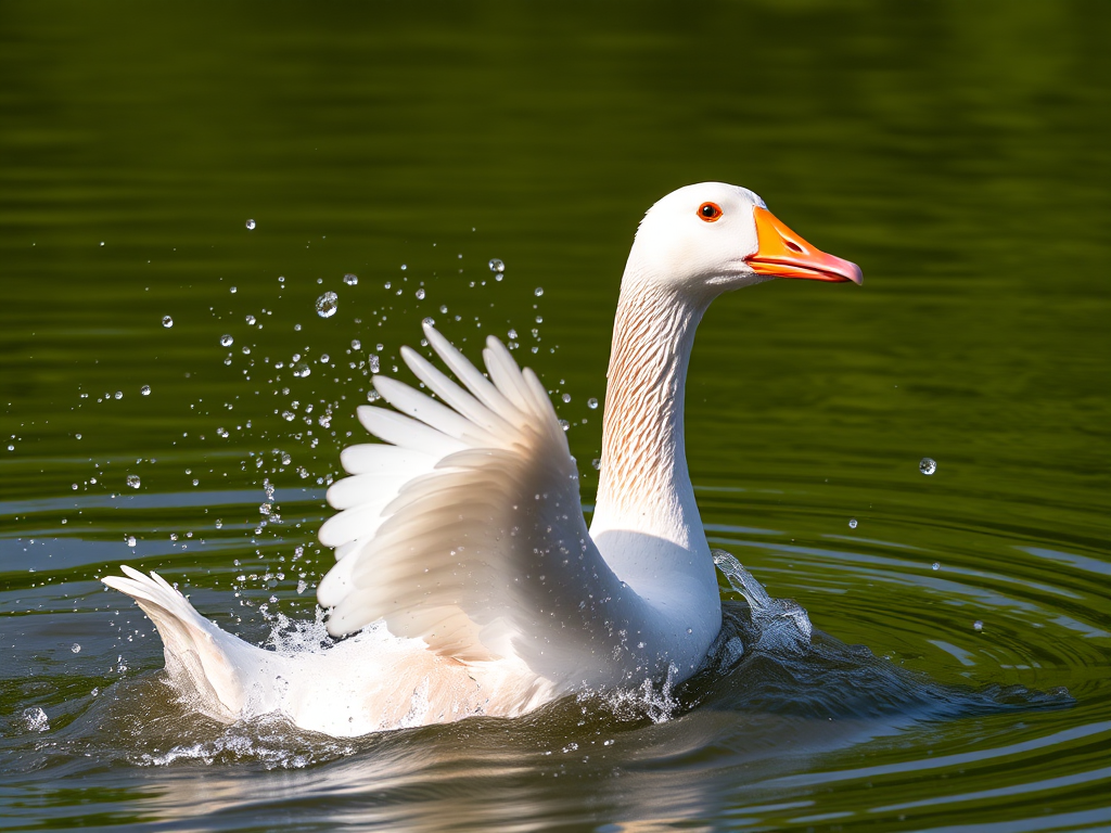 An action shot of a splashing goose in a pond, captured with a DSLR camera at 1/1000 sec shutter speed, f/2.8 aperture, ISO 400, focusing on the water droplets, taken from a side view at eye level.