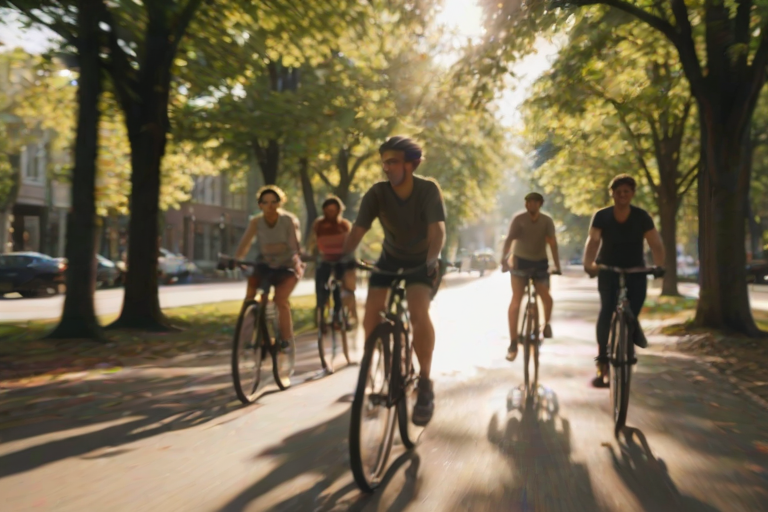 Blurry, candid photo of a group of friends riding bicycles through a tree-lined street, laughter frozen in the moment, sunlight filtering through the leaves, shadows cast on the pavement, the sound of spinning wheels and distant chatter filling the air.