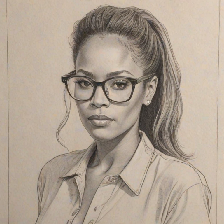 Fascinating Melanie Brown, pencil sketch, portrait of Fascinating woman 1980s in glasses, hair style beatnik, outline, clear lines, fine lines, 8k