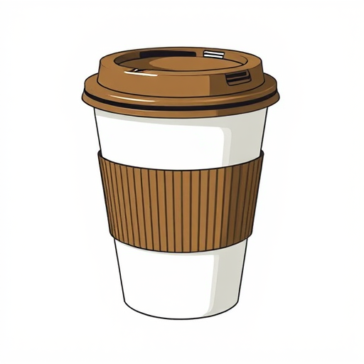 Create a detailed illustration of a coffee cup with a lid, shot from a slightly elevated angle, using a DSLR camera with a 50mm lens, aperture set to f/4, ISO 100, and soft natural lighting to enhance the contours and textures of the cup.