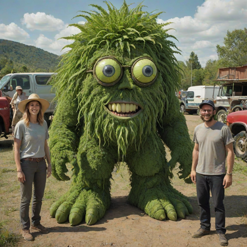 professional high-resolution photograph of 1giant green Cyclops with 2 eyes person made of plants,1woman, smile, 1man, hat, outdoors, multiple men, sky, day, 2men, grin, colored skin, traditional media, parody, ground vehicle, motor vehicle, car, green skin, truck, humongous giant green man standing in background, humongous green plant Cyclops person with 2 eyes