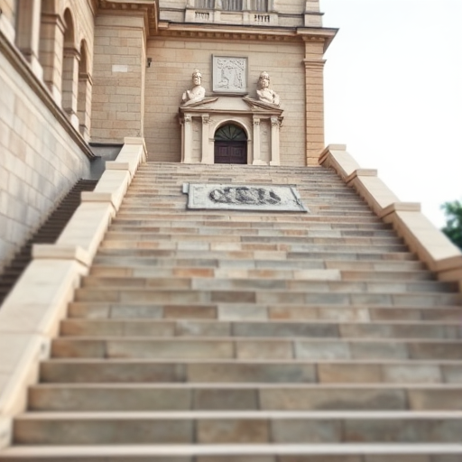 Regenerate an image of a grand staircase made of stone blocks with two busts at the top, captured with a DSLR camera at f/2.8, ISO 100, 24mm lens, in a medium shot with a soft focus effect to enhance depth and detail.