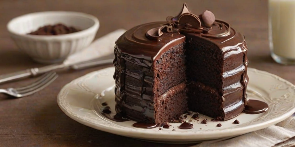 Create an image of a rich chocolate cake with a glossy chocolate frosting. The cake should be round and layered, with a slice cut out to reveal its moist interior. The setting should have a light, inviting background, with a simple plate and fork nearby.