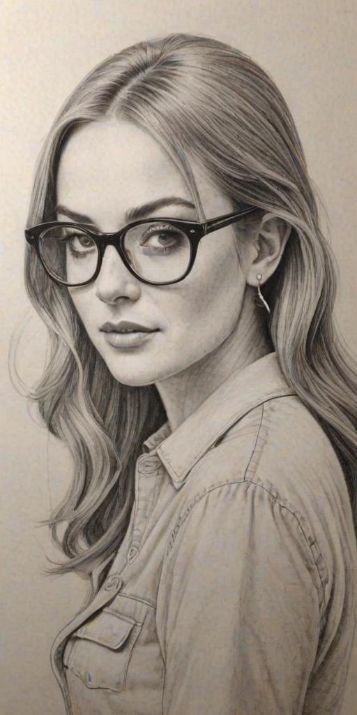 Fetching Lindsey Lohan, pencil sketch, portrait of Enchanting woman 1942s in glasses, hair style beatnik, outline, clear lines, fine lines, 8k