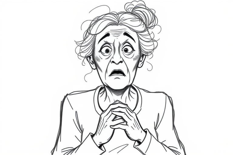 scribbly unfinished sketch, old lady with messy gray hair in a loose bun, surprised expression, mouth open, hands clasped together in front of her chest. Her eyes are wide, eyebrows are furrowed. vibe of shock or surprise.