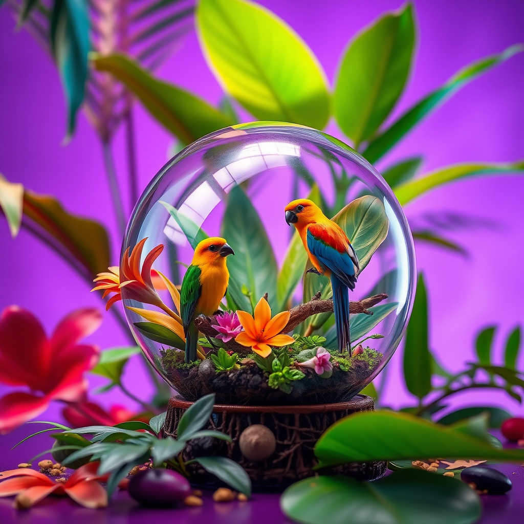 Create a vibrant scene of a magical glass orb containing exotic birds and lush tropical plants, with a dreamy purple background, captured with a Canon EOS R5, 50mm lens, f/1.8 aperture, ISO 100, and a low-angle perspective to enhance depth and color saturation.