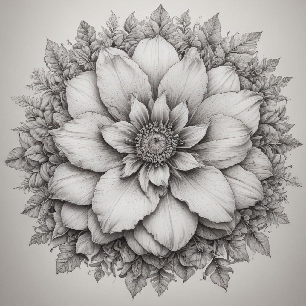 Intricate Black and White Floral Illustration with Lush Leaves and Petals