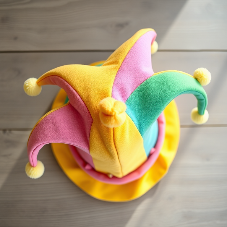 Create a colorful jester hat with a playful design featuring pastel colors like pink, yellow, blue, and green, shot with a DSLR camera at f/2.8, ISO 100, 50mm lens, top-down view, with soft natural lighting to enhance vibrancy and detail.
